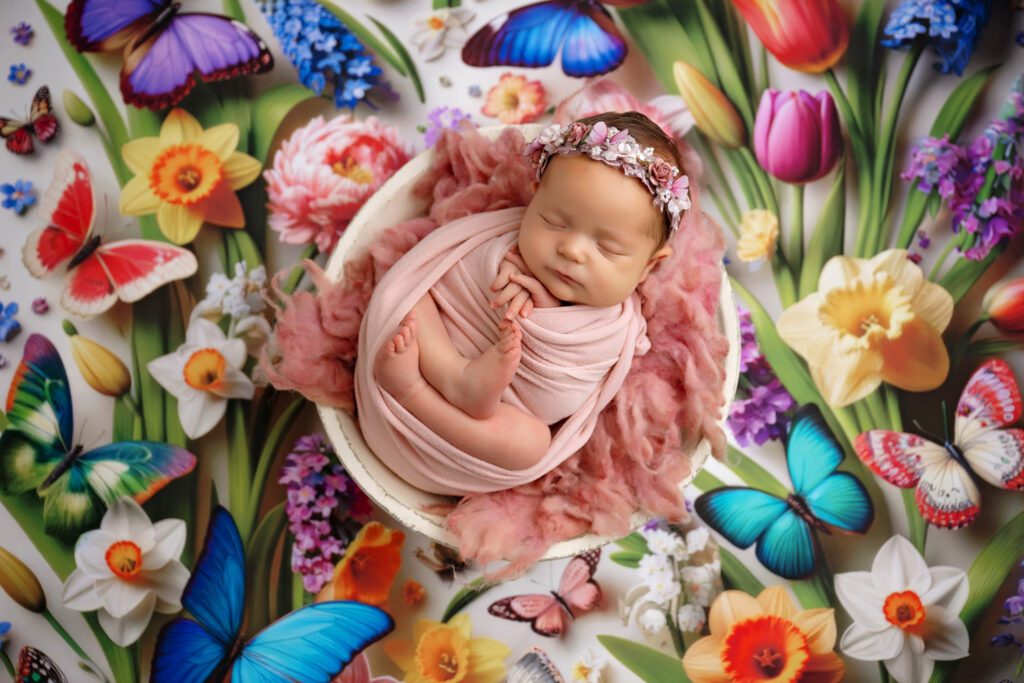 Newborn baby posed for a newborn photoshoot in a pink wrap with floral setup. Sleepy newborn poses. San Antonio newborn Photographer. Best Newborn Photographer