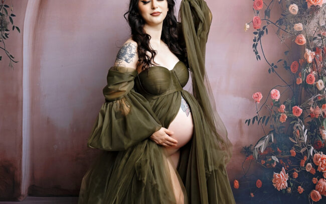 Elegant floral maternity session in San Antonio with green gown