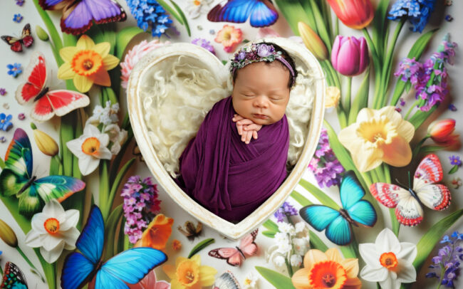 Colorful butterfly and flower newborn photography setup in San Antonio studio
