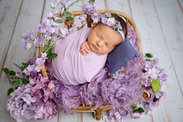 Lavender floral newborn photography setup in San Antonio
