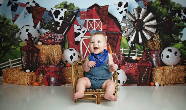 Happy baby in denim overalls sitting in a miniature wicker chair during a farm themed milestone photo session.