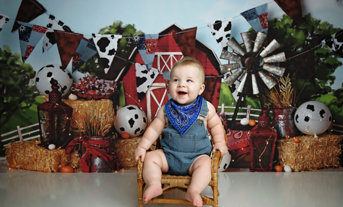 Happy baby in denim overalls sitting in a miniature wicker chair during a farm themed milestone photo session.