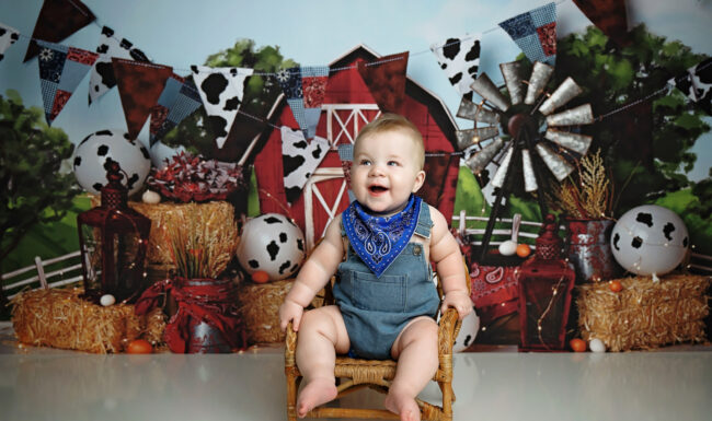 Happy baby in denim overalls sitting in a miniature wicker chair during a farm themed milestone photo session.