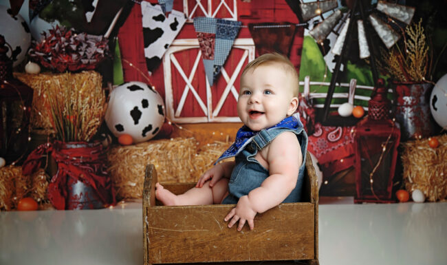 Six month old baby sitting in a rustic wooden bed prop with red barn and farm backdrop.